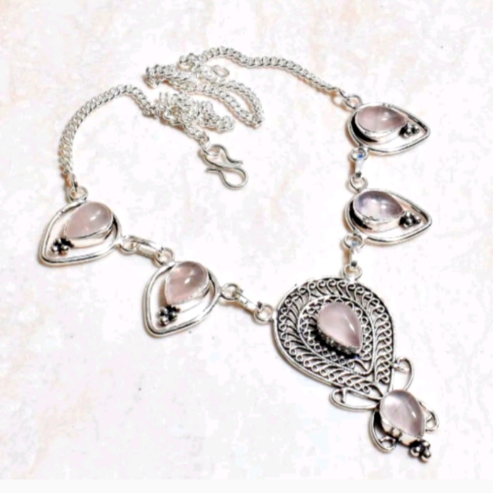 STERLING SILVER ROSE QUARTZ NECKLACE - Picture 1 of 1